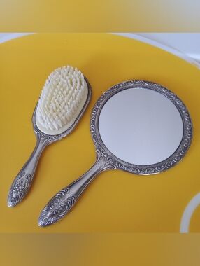Vintage Hand Mirror and Brush Set - Silver with Cream Bristles